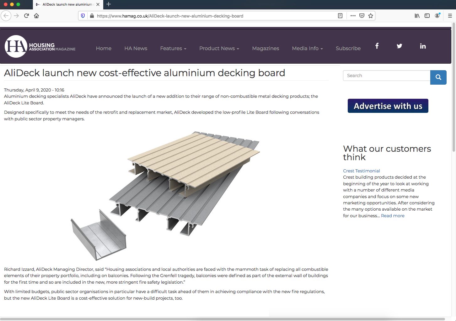 AliDeck's newest aluminium metal decking board is featured in Housing Association Magazine