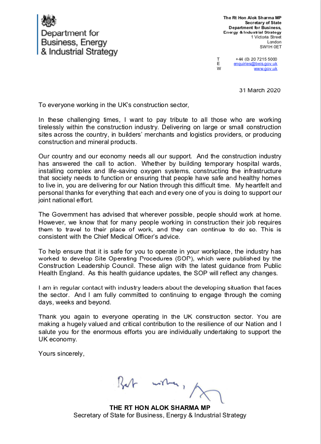 UK Government Letter To The Construction Sector regarding Covid-19 March 31st 2020