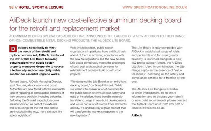 AliDeck aluminium metal decking Lite Board in Specification Magazine