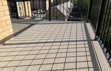 AliDeck Non-combustible Aluminium metal decking installed on balconies at Stevenage development