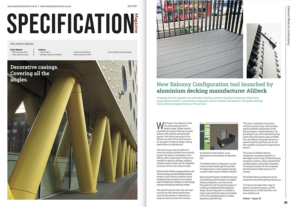 AliDeck Specification Magazine Balcony Configurator Launch April 2021
